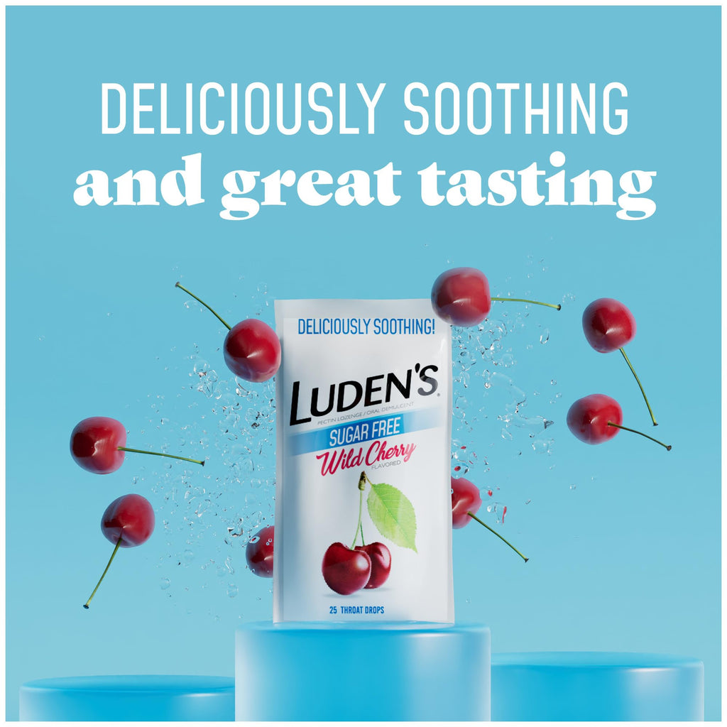 Luden's Sore Throat Relief Lozenges for Minor Everyday Irritation & Dry Mouth, Sugar Free Wild Cherry Flavored Drops, 25 Count, Pack of 12