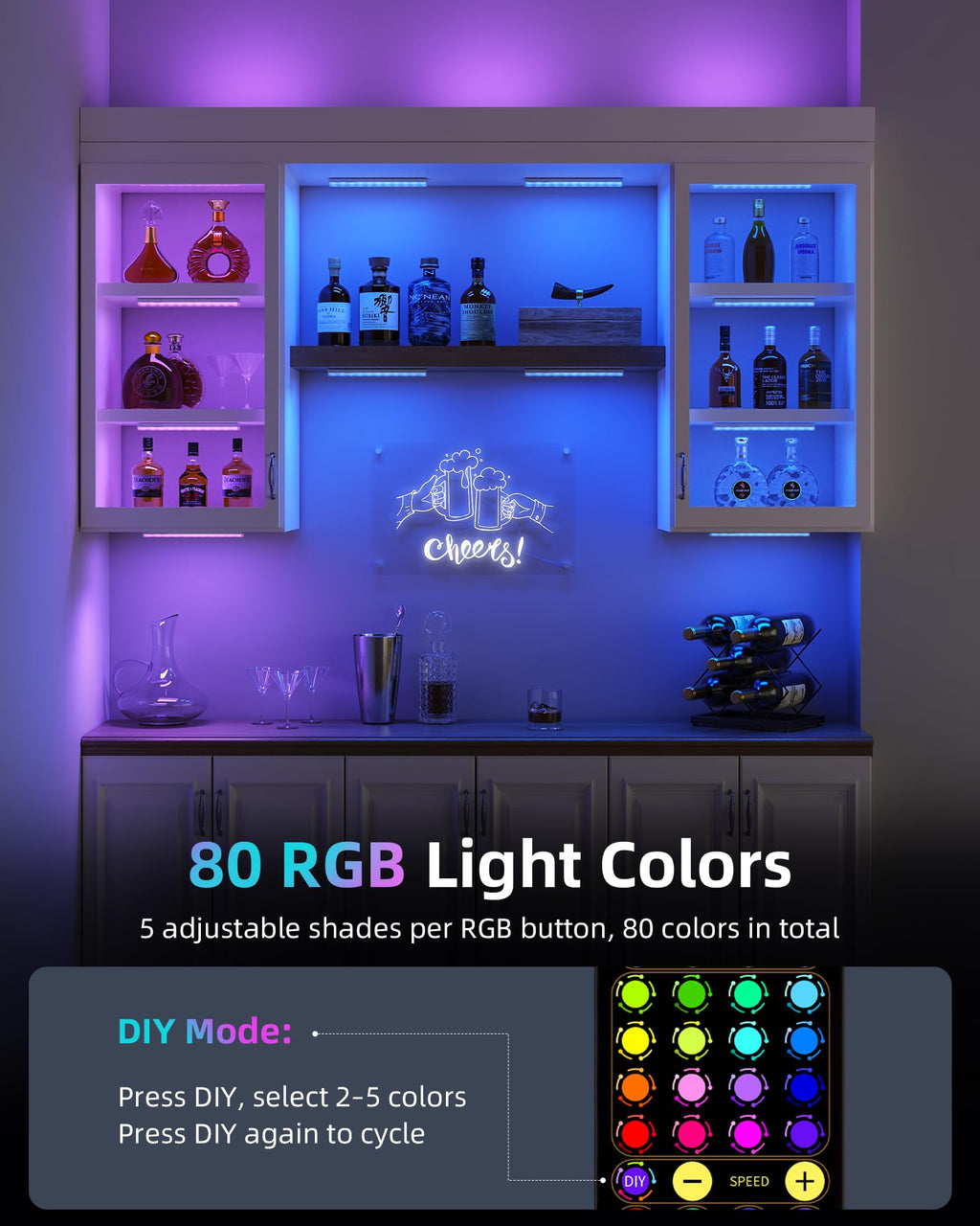 EZVALO 80 Color Changing Light Bars, 1800mAh Rechargeable Battery Operated Under Cabinet Lighting Wireless, Magnetic, Under-Counter Light Fixtures with Remote for Kitchen, Shelves, Home Bar, 4Pack