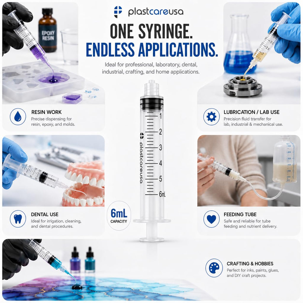 100 6ml Luer Lock Syringe without Needle, Disposable Luer Slip Tip Syringes - Non-Sterile, Latex-Free Plastic Dispenser by PlastCare USA