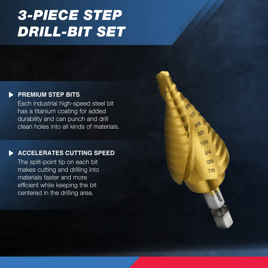 NEIKO 10181A Step Drill Bit Set, 3 Piece, Spiral Grooved for Faster Drilling, Step Bits for Stainless Steel, Metal, Wood, Plastic, Unibit Cone Drill Bits with 31 Step Sizes Total