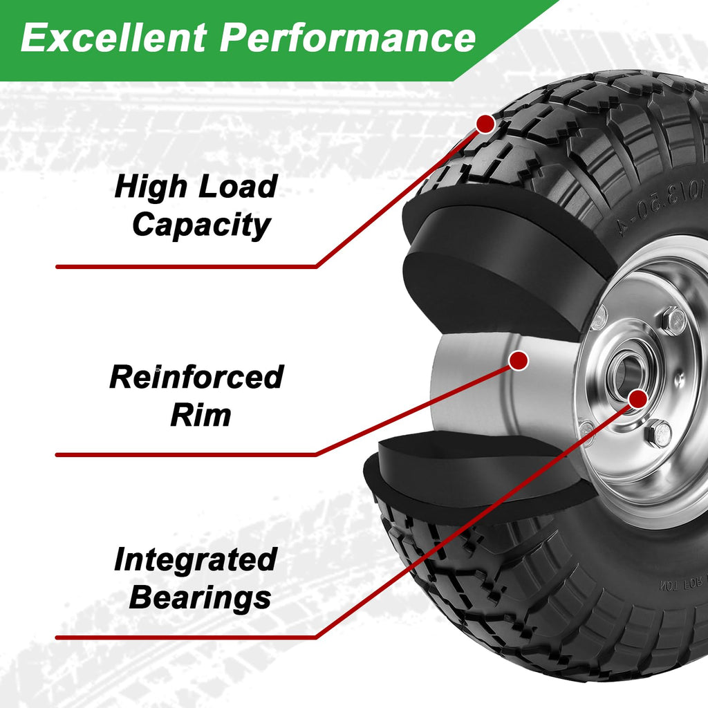 LTNICER 4.10/3.50-4 Tire Wheels Flat Free 10" Heavy Duty Solid Flat-Free Replacement Tire with 5/8 Axle Compatible with Gorilla Carts, Wheelbarrow, Dolly, Hand Truck (2-Pack)