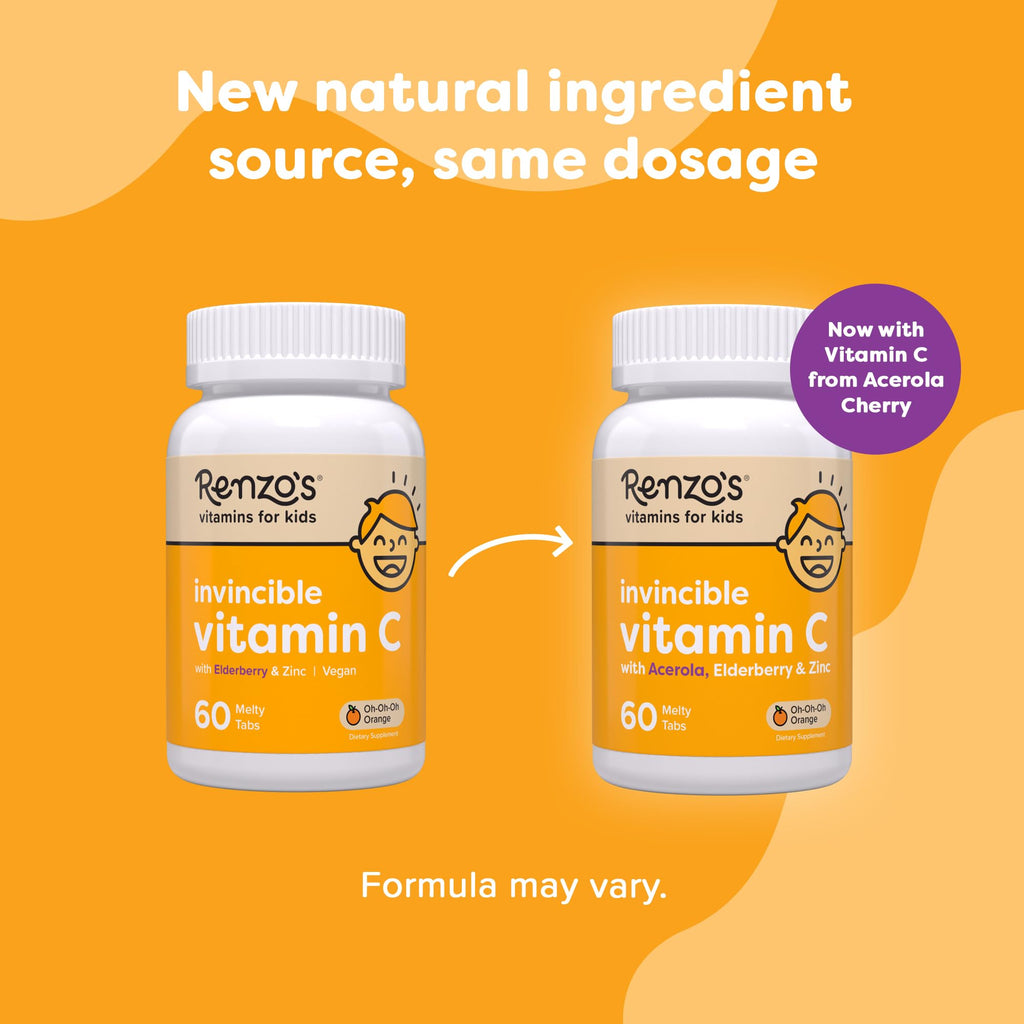 Renzo's Invincible Kids Vitamin C with Elderberry Vitamin C and Zinc, Dissolvable Kids Vitamins for Immune Support, Sugar-Free Melty Tabs, Orange Flavor, 60-Count (1-2 Month Supply)
