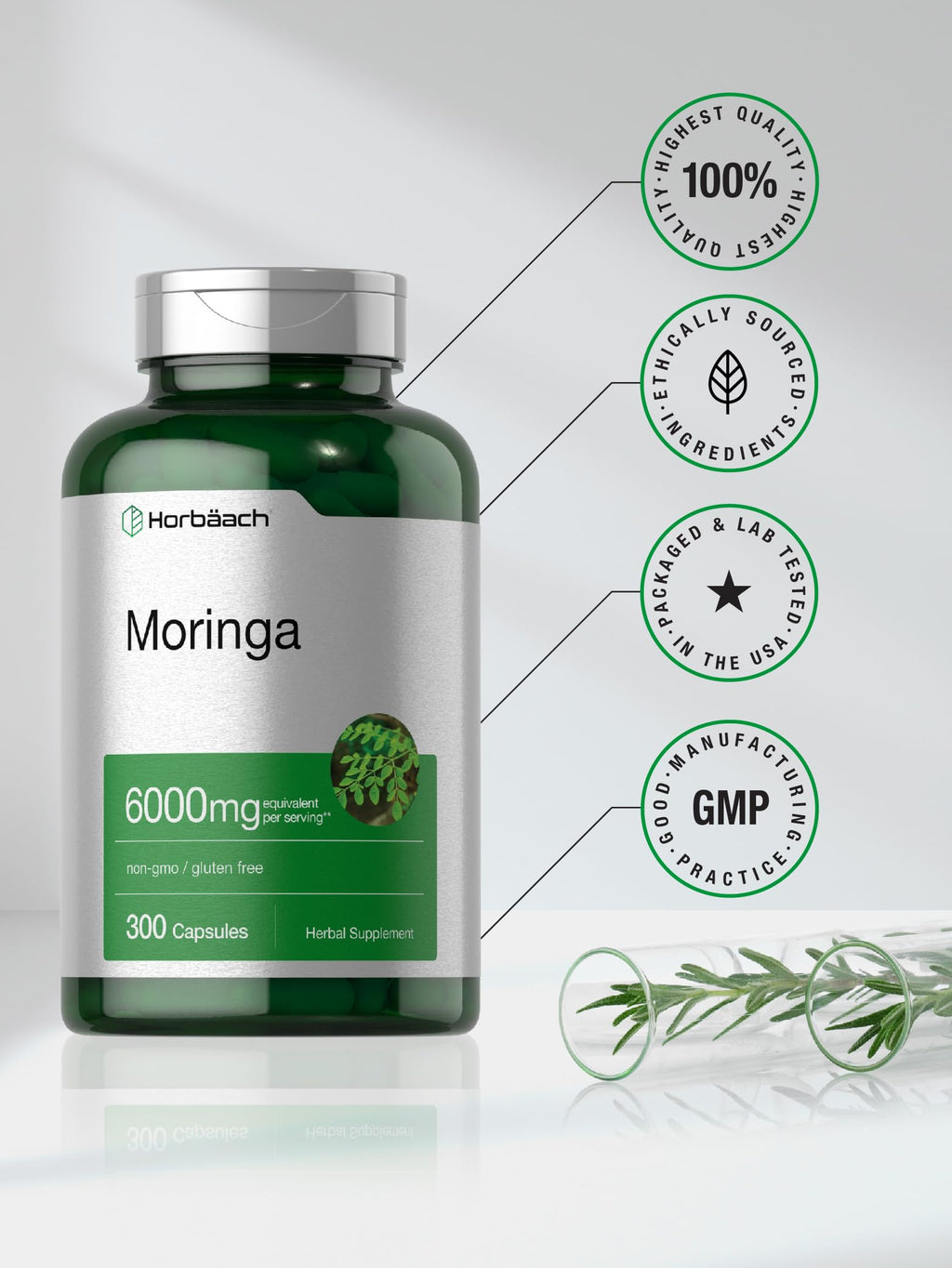 Horbäach Moringa Oleifera | 300 Powder Capsules | Non-GMO and Gluten Free Extract Formula | Complete Green Superfood