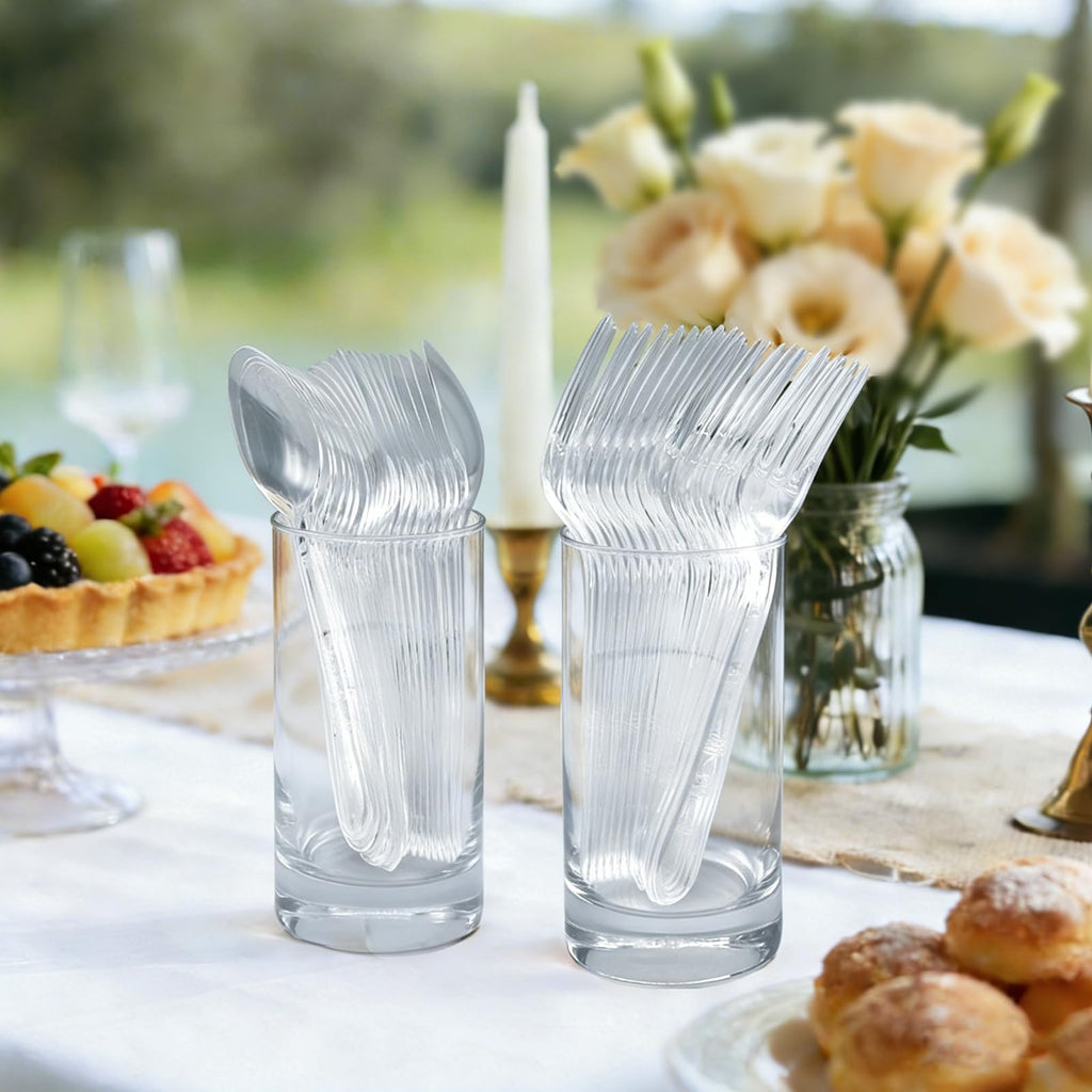 Lamosi 360 Count Extra Heavy Duty Clear Plastic Forks and Spoons, 180 Forks, 180 Spoons, Disposable Plastic Silverware BPA-Free, Heat Resistant for Wedding Party Supplies