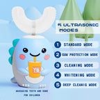 DYCROL Kids U Shaped Electric Toothbrush with 4 Brush Heads, Sonic Toothbrush Kids with 5 Modes, Cartoon Dinosaur 360-Degree Cleaning IPX7 Waterproof Design (2-6 Age (Blue))