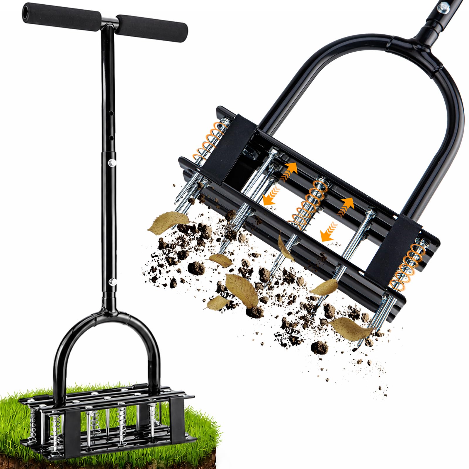 Furfrolic Lawn Aerator - 2-in-1 Manual Aerator with Automatic Dirt and Leaf Clean, Heavy-Duty Reinforced 15 Spikes & Ergonomic T-Handle for Lawn Maintenance, Garden Care, Yard Work (Black)