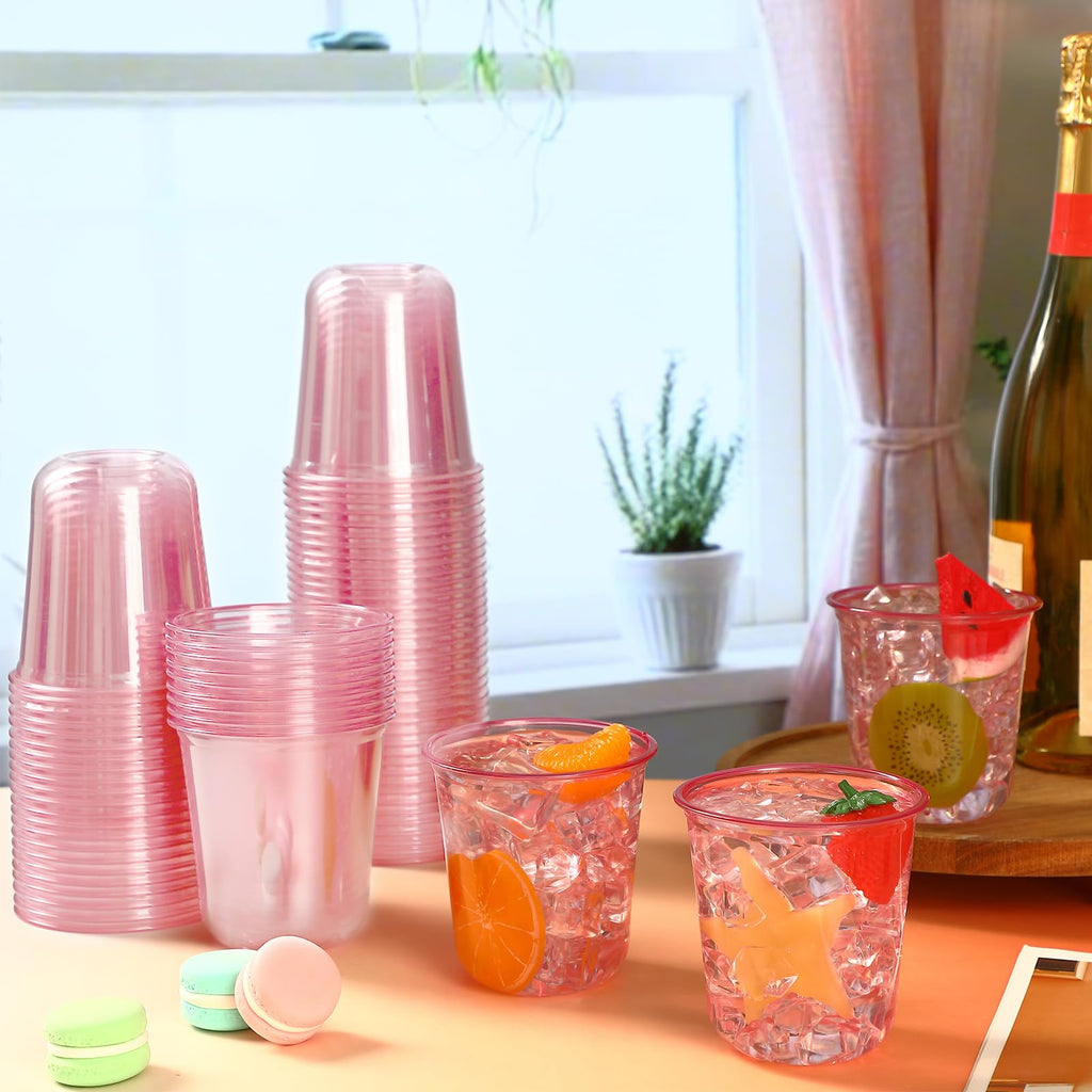 Ziliny 50 Pcs Disposable Stemless Glasses 12oz Crystal Plastic Wine Glasses Clear Classic Pet Cup for Meeting Weddings Birthdays Cocktail Christmas Party Supplies (Pink)