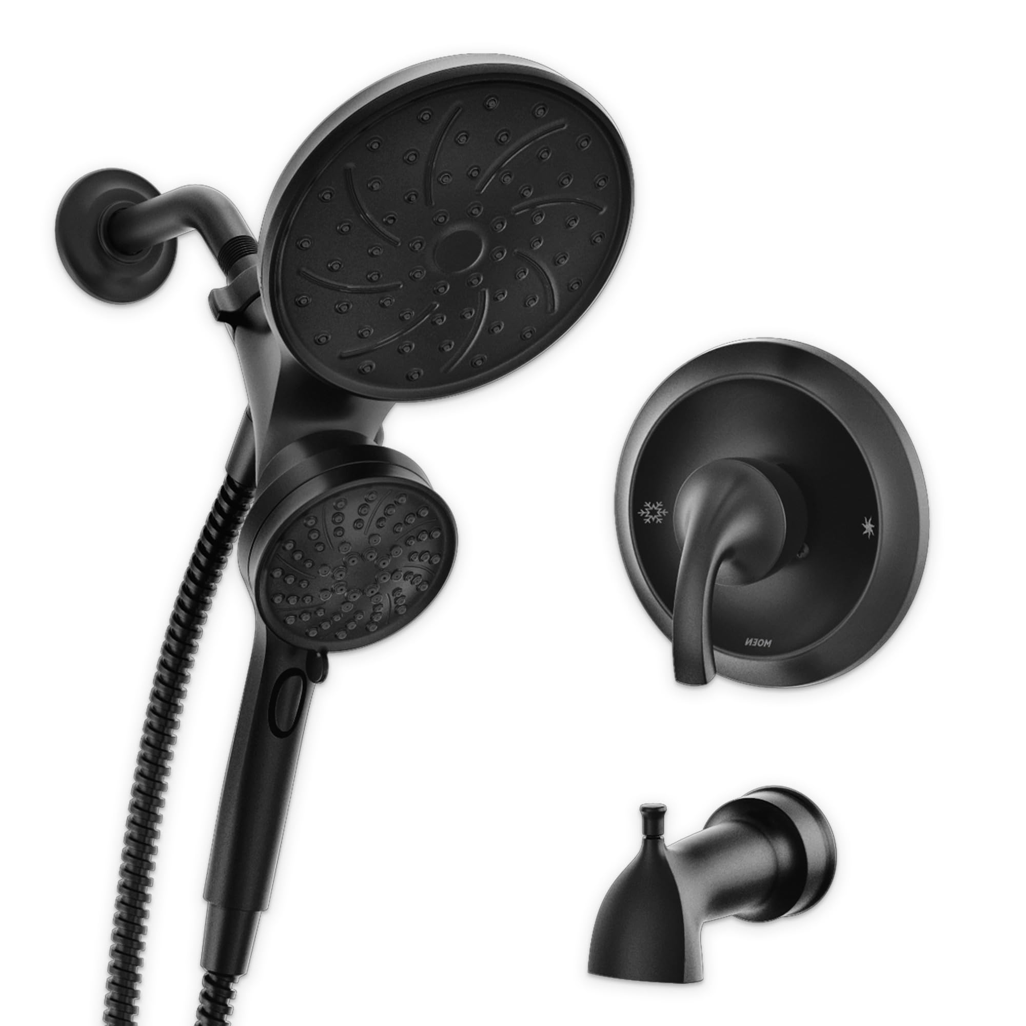 Moen Engage Magnetix Matte Black Multi-Function Handshower and Rainfall Shower Head Trim Combo with Shower Handle, Tub Spout, Metal Hose, and Valve, 82304BL