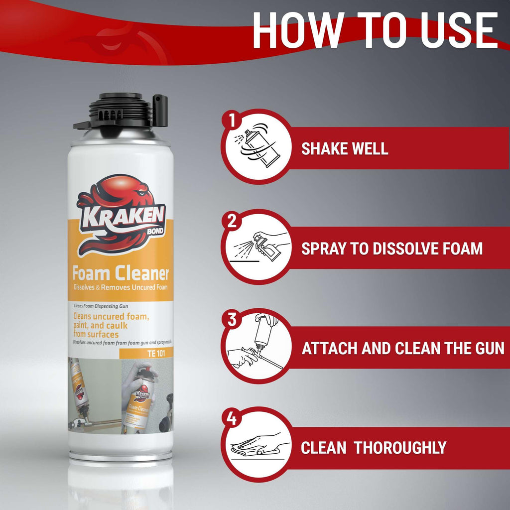 KRAKEN BOND Spray Foam Gun Cleaner - (12x12.3oz) Polyurethane Insulation Cleaner Spray, Dissolves Uncured Expanding Foam Cleaner Spray for Extended Tool Durability - 12 Pack
