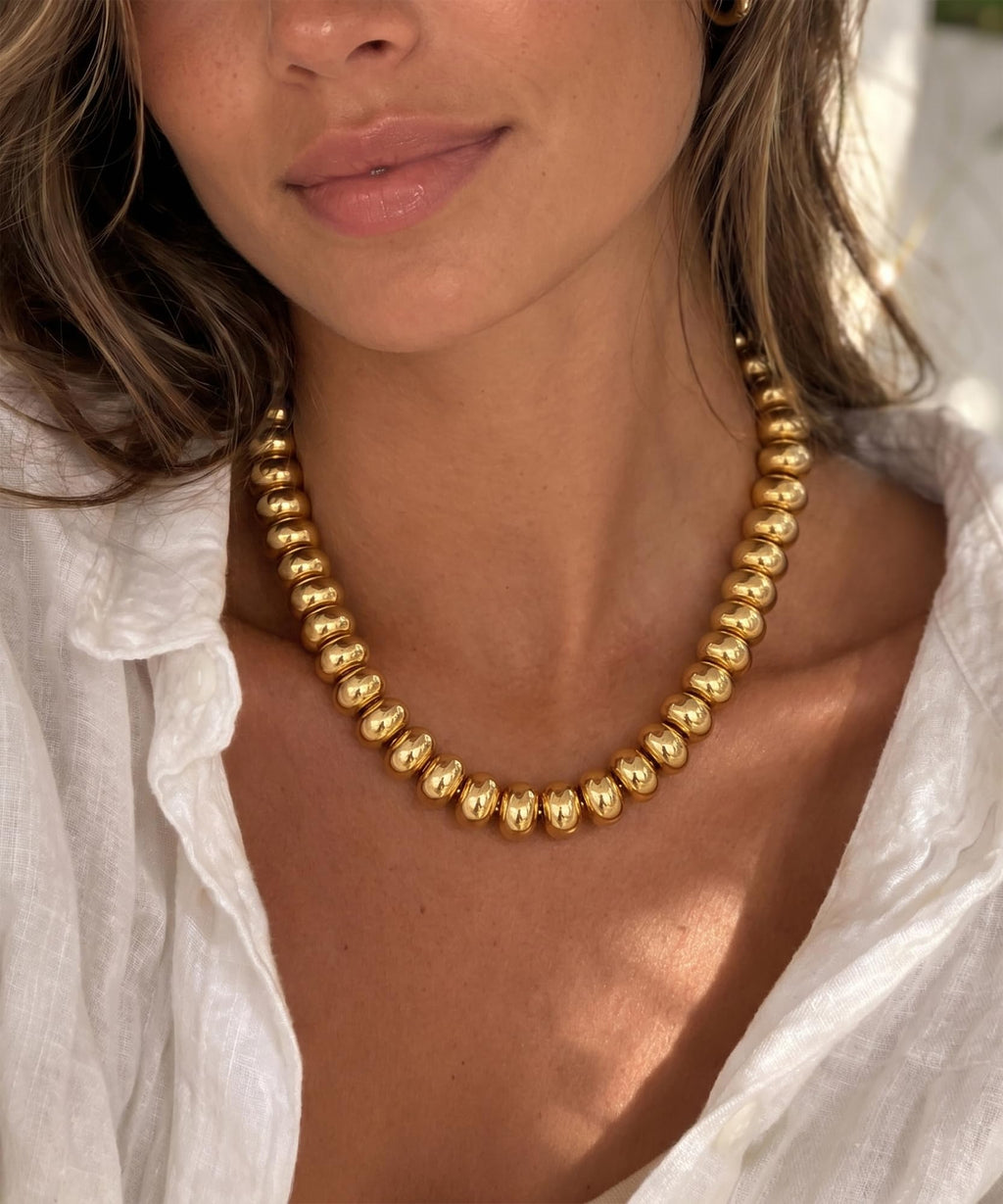 WOWORAMA Chunky Gold Beaded Necklace for Women Large 18MM Flat Abacus Bead Necklaces Metallic CCB Statement Necklace Trendy Chunky Choker Fashion Jewelry