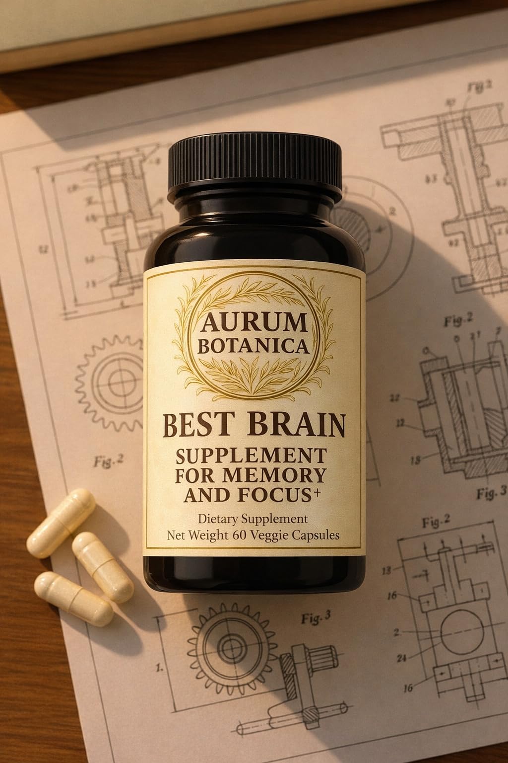 AURUM BOTANICA Best Brain Supplement for Memory and Focus - L-Theanine, Lion's Main, Vitamin B6, B12, D3, Folate, L-Tyrosine, Bacopa Monnieri, Alpha GPC, Theacrine, 30mg of Natural Caffeine (60 Count)