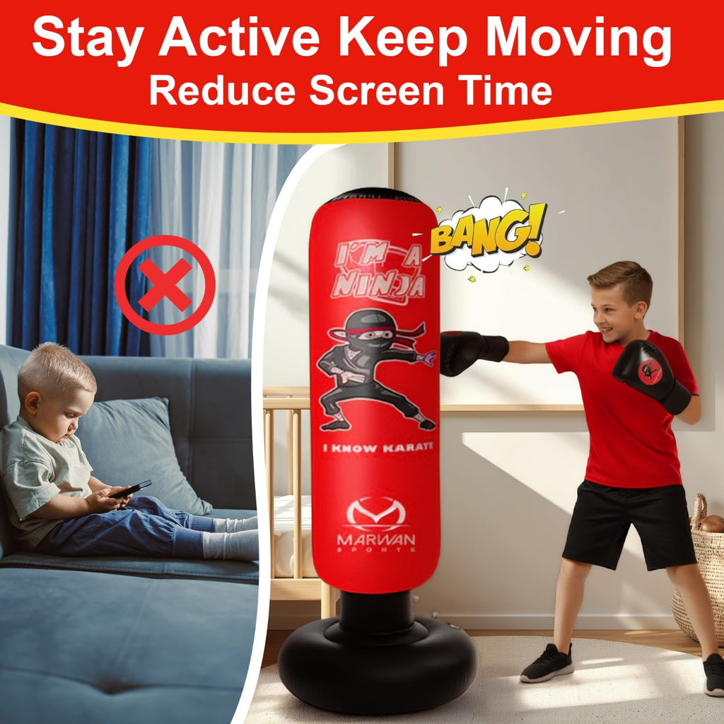 Marwan Sports Kids Punching Bag Toy Set, Inflatable Boxing Bag Toy for Boys Age 3-12, Ninja Toys for Boys, Christmas,Birthday Gifts for Kids 4,5,6,7,8,9,10 Years Old (Red Ninja)