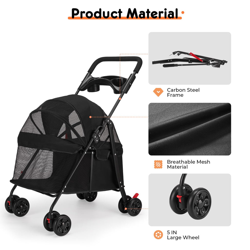 Foldable Pet Stroller for Small/Medium Pets up to 22 lbs - Lightweight 4-Wheel Design with Sun Canopy, Storage Bag & Breathable Mesh（Black