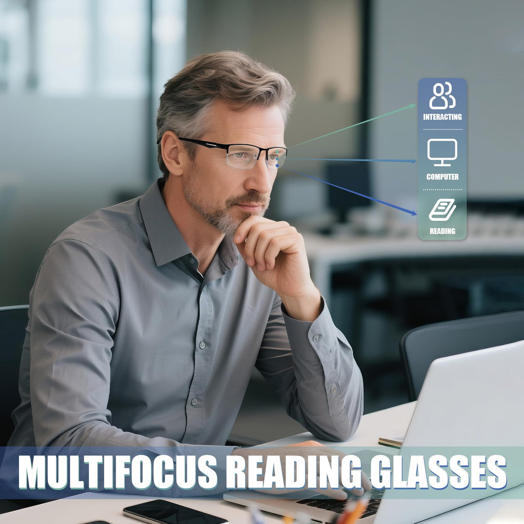 ZERPEET 2 Pack Men's Progressive Multifocal Reading Glasses,Half Rim Metal Frame TR90 Temples Blue Light Blocking Anti Eyestrain Multifocus Computer Readers,2.5x