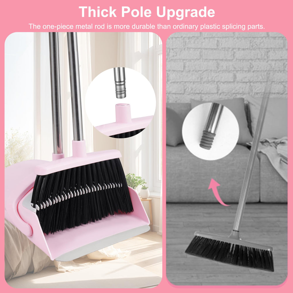 BSKLIN Broom and Dustpan Set House Brooms for Sweeping Indoor Collapsible Broom and Dust Pan Combo for Home Office Kitchen Lobby Floor Pet Hair (Pink)