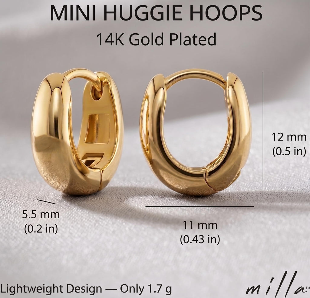 Milla Small Huggie Hoop Earrings for Women, 14K Gold Plated, 0.5 inches