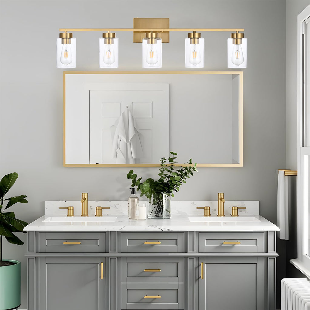 A1A9 5 Light Bathroom Vanity Light Fixtures, Brushed Brass Modern Wall Lights with Clear Glass Shade, Vintage Wall Sconce Lighting for Living Room, Mirror, Bedroom, Hallway (Gold, 5-Lights)