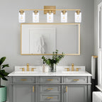 A1A9 5 Light Bathroom Vanity Light Fixtures, Brushed Brass Modern Wall Lights with Clear Glass Shade, Vintage Wall Sconce Lighting for Living Room, Mirror, Bedroom, Hallway (Gold, 5-Lights)