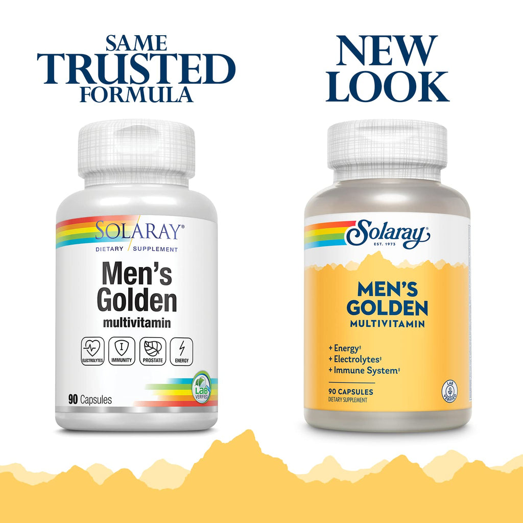 SOLARAY Men's Golden Multi-Vitamin Capsules - Multivitamin for Men, Contains Vitamin A, D, C, Zinc, & Magnesium, Daily Supplement, Essential Minerals for Energy & Overall Health - 90 Ct Capsules