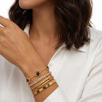 MVCOLEDY 18 K Gold Plated Love Bracelet Stack for Women 4-Piece Bracelet with Synthetic Shell Floral Clover Chain, Tennis Chain and Crystal Gold Bangle, Love Bracelet Design Gift Jewelry for Valentines Mother's Day (Brown)