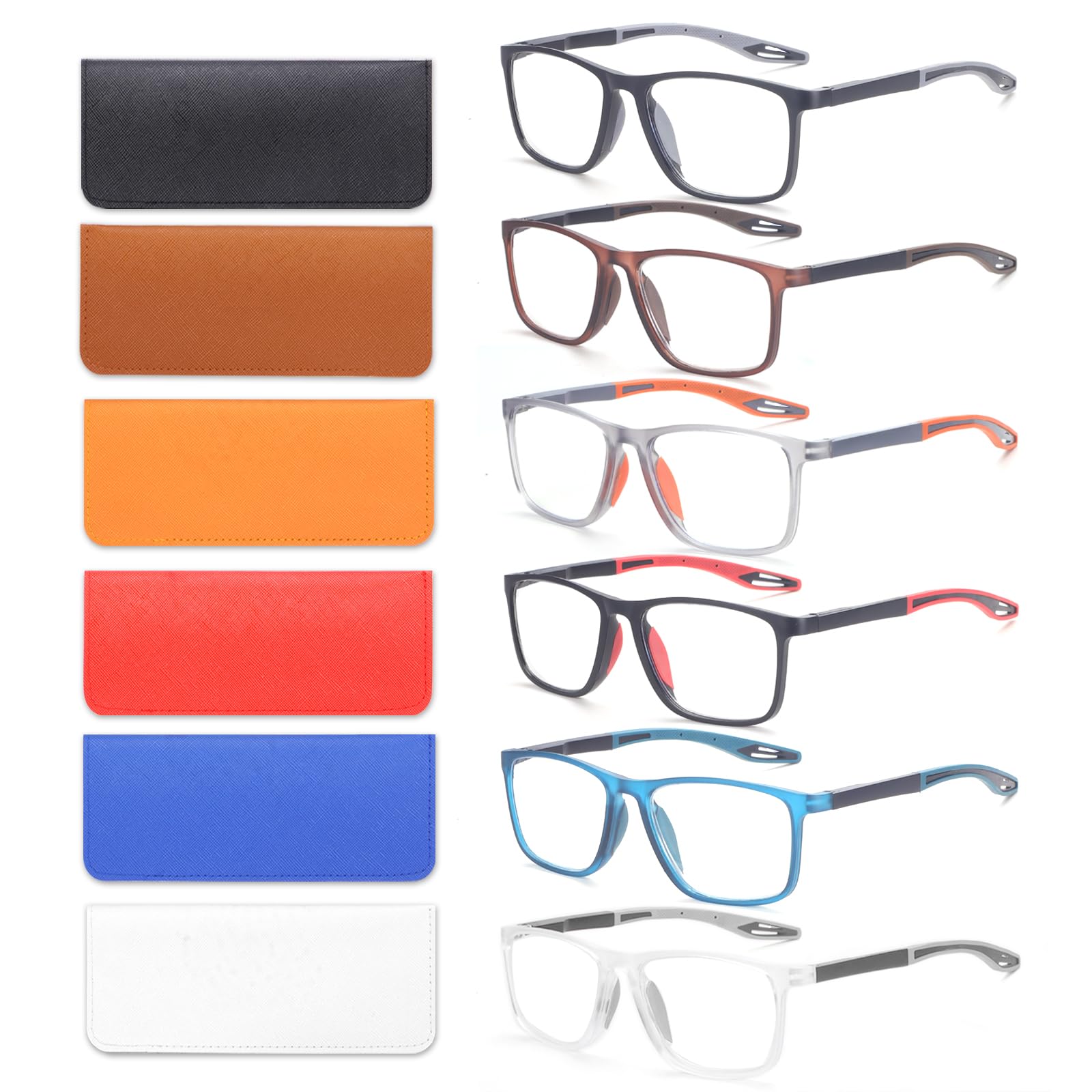 BLOEXCLU 6 Pack Reading Glasses for Men Sports Style Blue Light Blocking Readers with Spring Hinge Women Eyeglasses (Black & red & Brown & Orange & Blue & transparent, 2.5, x)