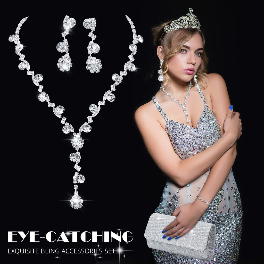 Meanplan 4 Pcs Silver Clutch Purse Jewelry Set for Women, Elegant Style