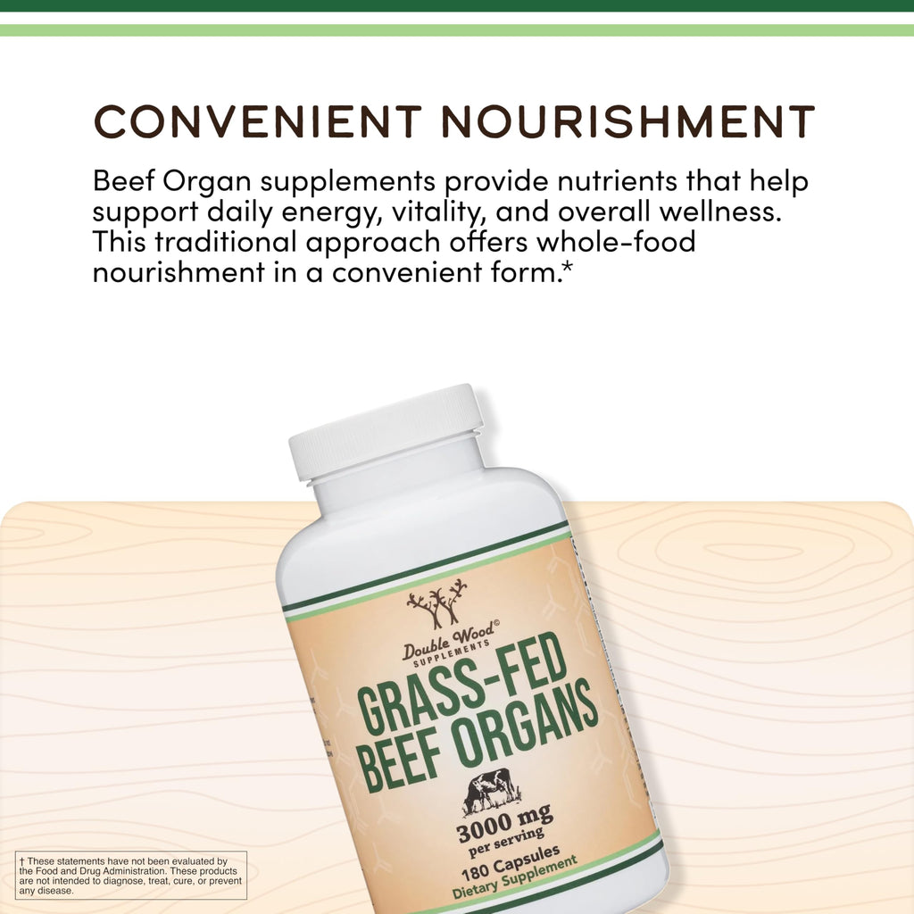 Grass Fed Beef Organ Complex (3,000mg per Serving, 180 Capsules, 1 Month Supply) Supplement for Digestion, Immune Health, Energy, and Wellness by Double Wood