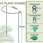 12 Pack Plant Support Stake Peony Cages, 16 Inch Peony Supports for Outdoor Plants, with 15 Pcs Plant Labels, 20 Pcs Plant Clips, 7ft Plant Ties
