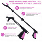 38" & 44" Extra Long Grabber Reacher Tool – 2 Pack Foldable Reacher Grabber Pickup Tools with 360° Rotating Jaw for Seniors, Hard-to-Reach Areas, Ergonomic Grip & Lightweight Design（Pink）