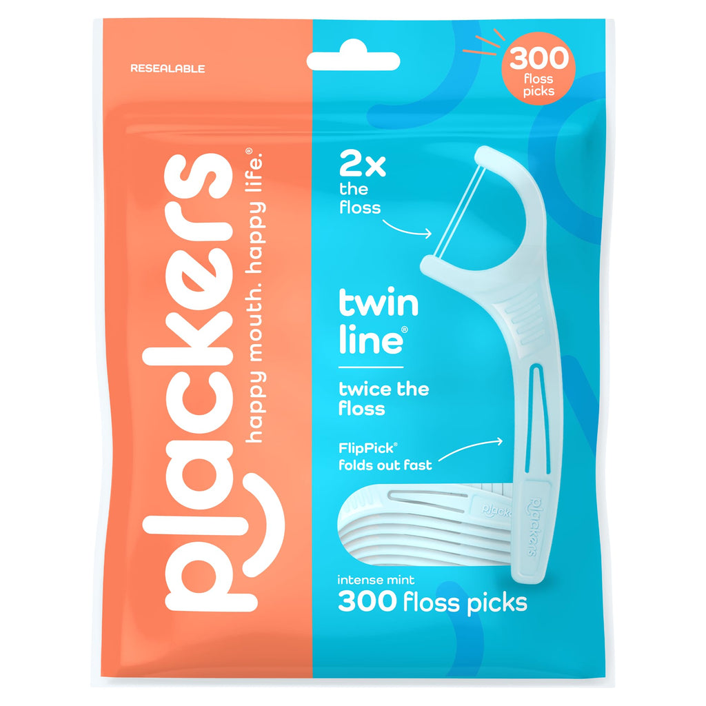 Plackers® Twin Line® Floss Picks with Tuffloss® Fiber & FlipPick®, Intense Mint, Double-Line Flosser for Effective Plaque Removal, 300 Count