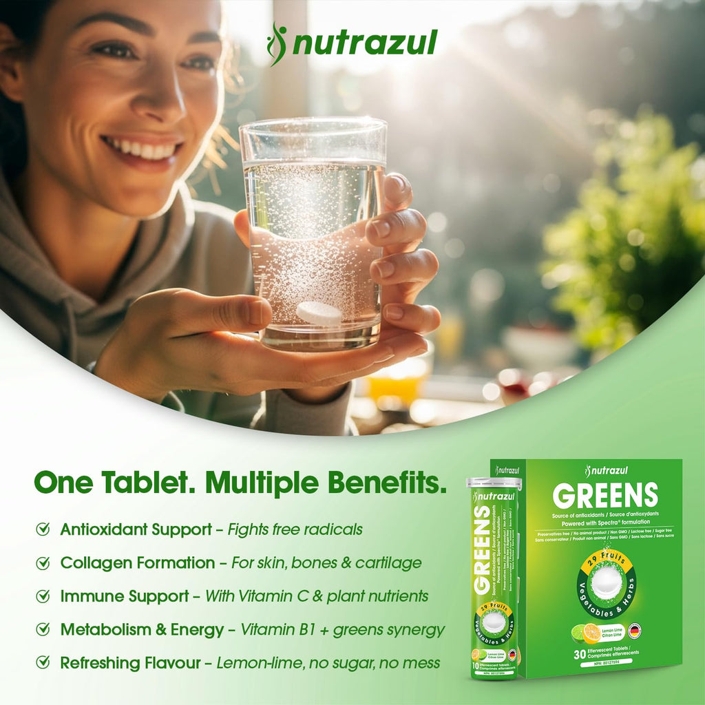nutrazul Greens Effervescent Tablets - Daily Super Greens Supplement with 29 Superfoods - Antioxidant & Immune Support - Lemon Lime Flavor - Non-GMO - 30 Tablets