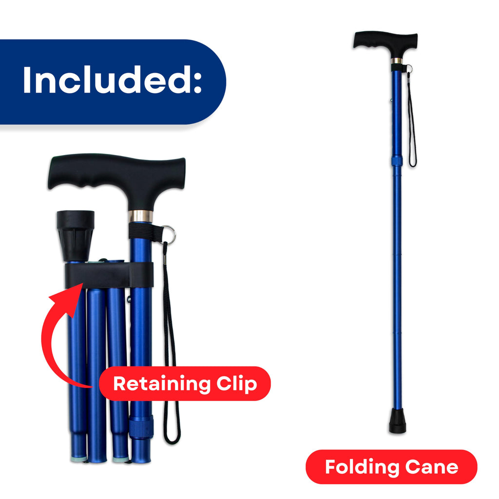 RMS Folding Cane - Foldable, Adjustable, Lightweight Aluminum Offset Walking Cane - Collapsible Walking Stick with Ergonomic Derby Handle - Ideal Daily Living Aid for Limited Mobility (Blue)