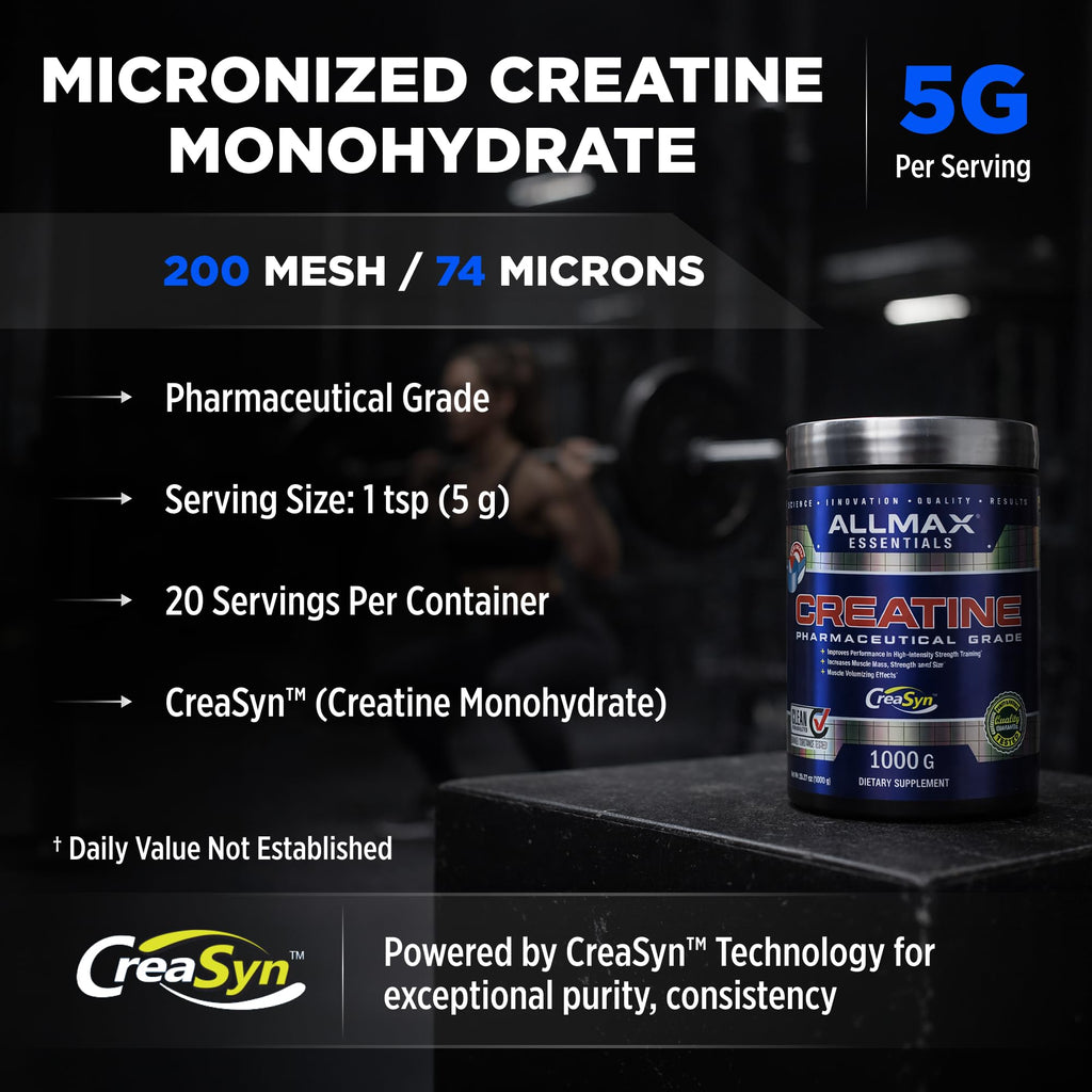 ALLMAX Nutrition Creatine Monohydrate Powder, Unflavored – Pure Micronized Creatine Supplement for Men & Women – Supports Strength, Performance & Training Intensity – Vegan, Gluten Free (1000g)