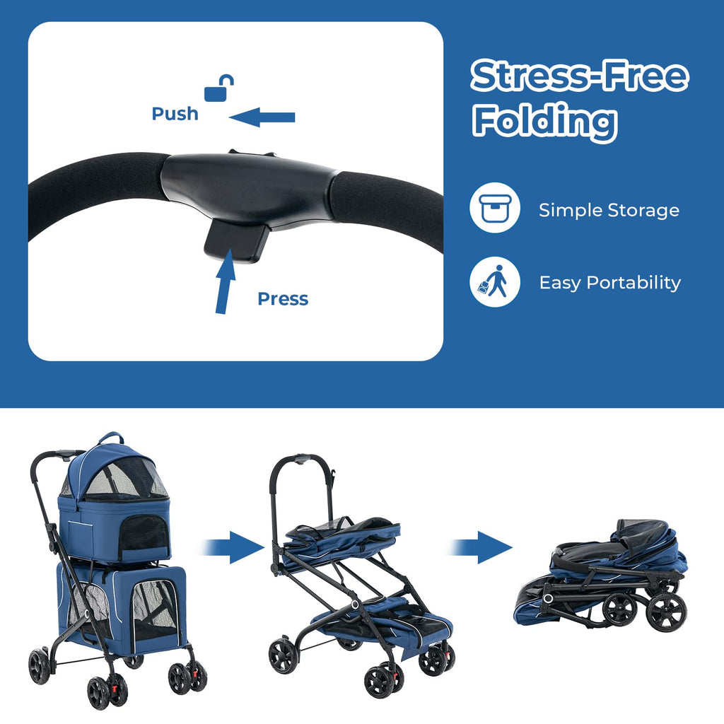 HAPPAWS Pet Stroller with Detachable Carriers, Adjustable Cat Stroller for Small & Medium Pets, 4-in-1 Cat Carriers with Safety Belt and Lockable Wheels, Navy Blue