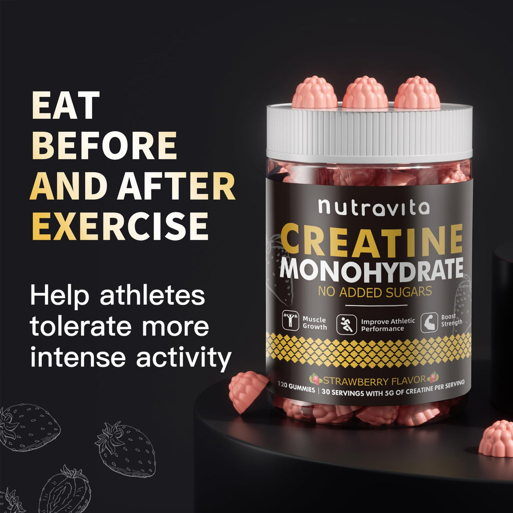 Nutravita NSF Certified Creatine Gummy - Creatine Monohydrate Gummies for Men & Women-5g of Creatine Monohydrate per Serving - Sugar Free,Vegan, Strawberry Flavor, 120 Count