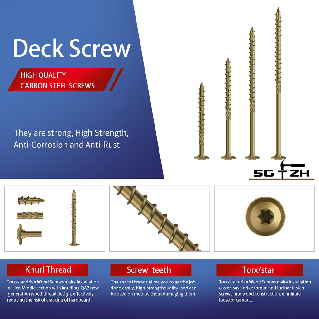 SG TZH #14 x 2 Inch Lag Screws (620Pcs) 10lb. Structural Wood Screw, Bronze, Carbon Steel, Washer Head, Rust Resistant epoxy Coated, T30 Star Bit