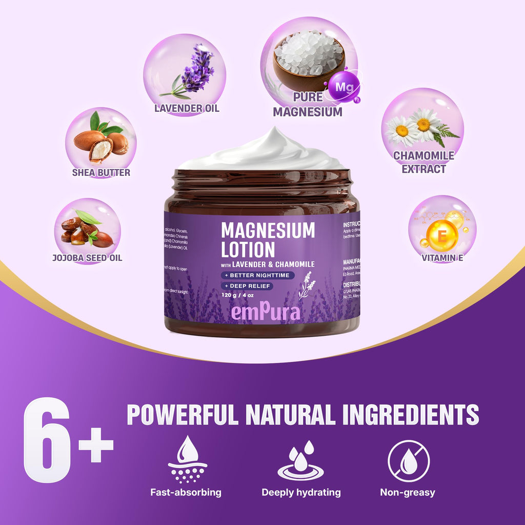 EMPURA Magnesium Lotion with Lavender, Nighttime Magnesium Cream for Relaxation & Muscle Relief - Hand, Leg & Foot Lotion with Chamomile, Shea Butter & Jojoba Oil - Thoughtful Gifts for Mom (4oz)