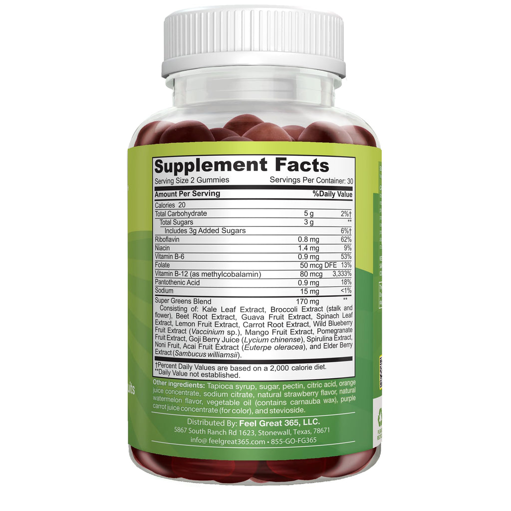 Feel Great Super Green Gummies for Kids | Fruit and Vegetable Gummies | Vegan Veggie Gummy Multivitamin for Kids | Veggie Fiber Supplement | 60 Count