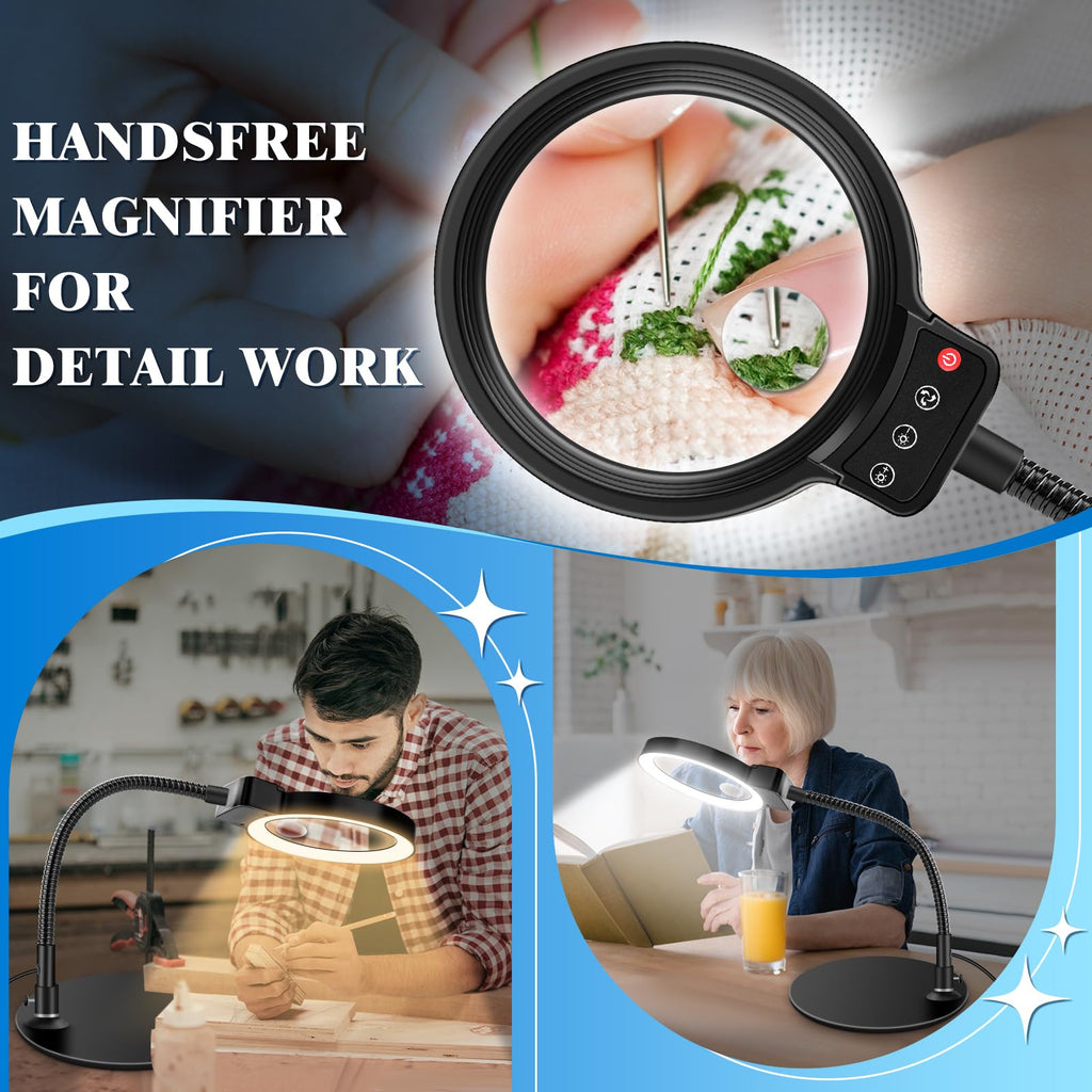 10X 30X Magnifying Glass with Light and Stand, 72 LED 3 Color Modes Stepless Dimmable, Hands Free Lighted Magnifier Desk Lamp for Close Work Craft Hobby Painting Sewing Jewelry Reading (Black)