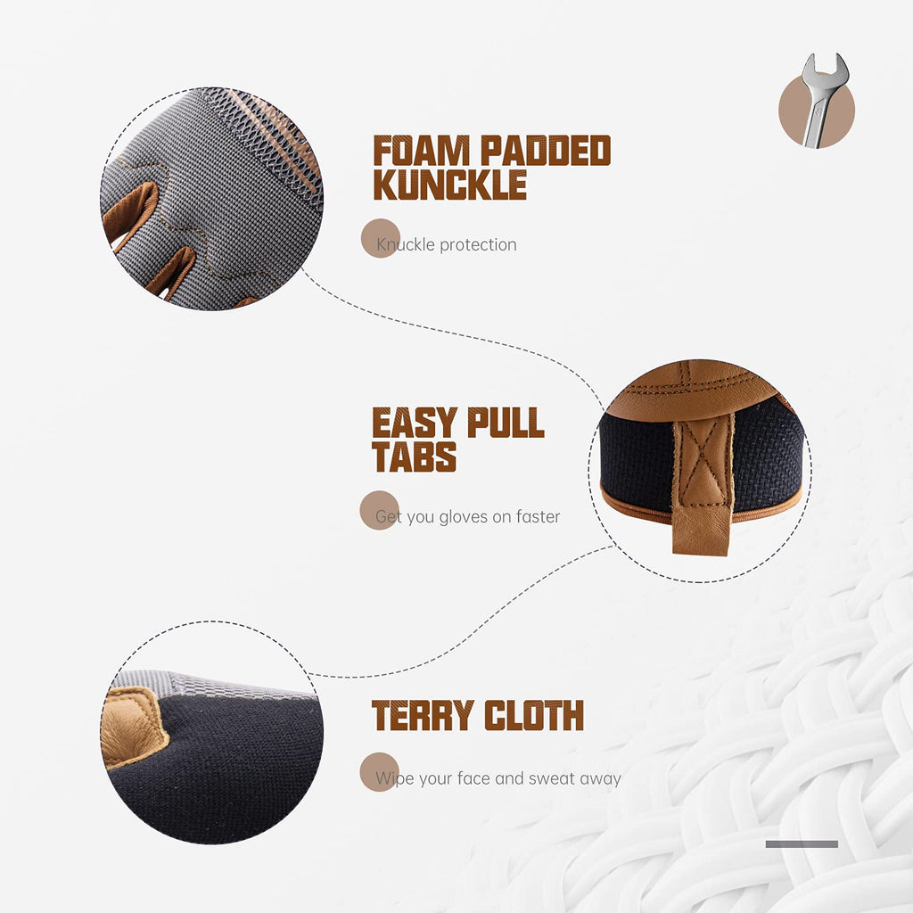 HANDLANDY Leather Work Gloves Mens & Women, Utility Safety Mechanic Working Gloves Touch Screen, Flexible Breathable Yard Work Gloves (XL, Brown-Cowhide Palm)