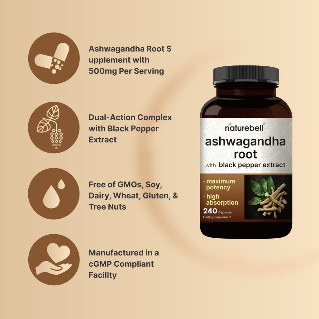 NatureBell Ashwagandha Root with Black Pepper Extract - 240 Capsules - High Strength Adaptogen for Calmness, Relaxation & Immune Support*