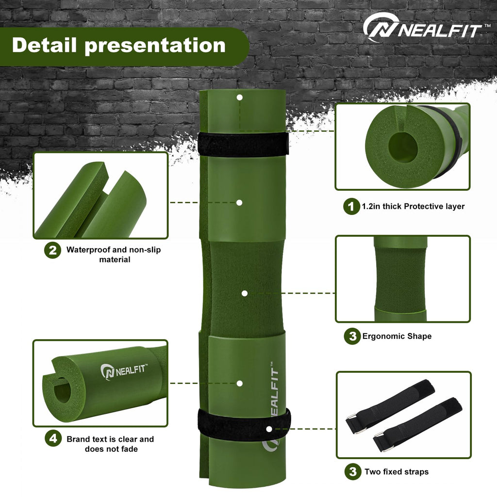 NEALFIT Barbell Pad Squat Pad for Squats���Squat Bar Pad���Great for Weightlifting,Lunges and Hip Thrusts���Foam Sponge Pad���Fit Standard and Olympic Bars Perfectly (Army Green)