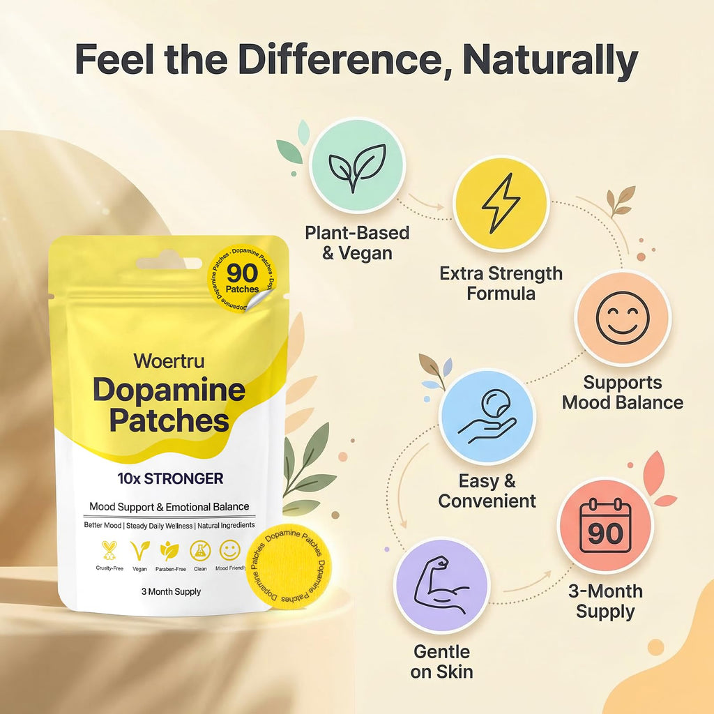 Woertru Dopamine Patches Extra Strength – 90 Count Plant-Based Vegan Mood Balance Patch for Men & Women – Supports Dopamine & Serotonin Balance – 3 Months Supply