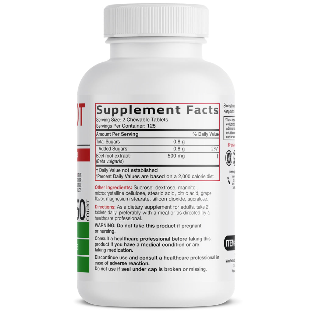 Bronson Beet Root Chewables, Grape Flavored - Extra Strength Per Serving Circulation Support Heart Health & Stamina, Non-GMO, 250 Vegetarian Grape Flavored Chewable Tablets