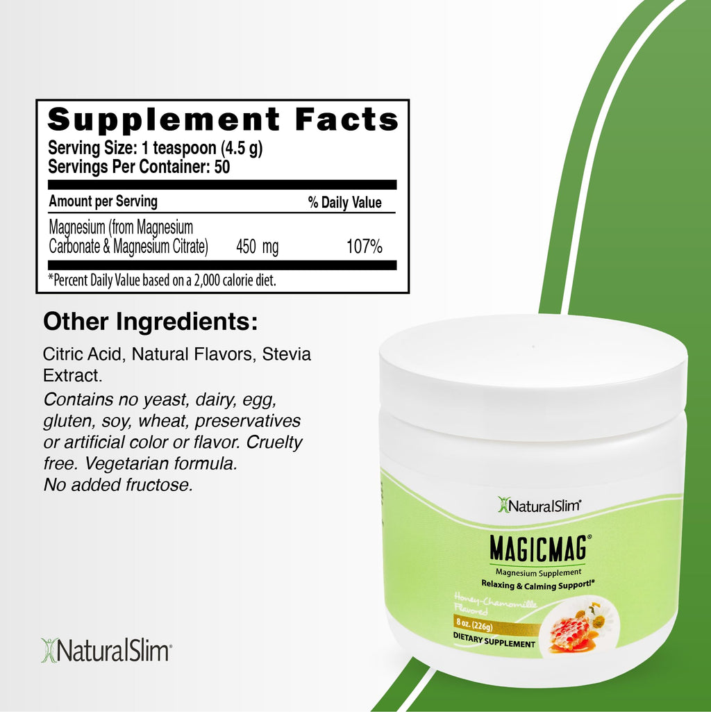 NaturalSlim Magicmag Pure Magnesium Citrate Powder Stress, Constipation, Muscle, Heart Health, and Sleep Support | Honey Chamomile Flavored Magnesium Supplement - 8oz Drink Mix (3 Pack)