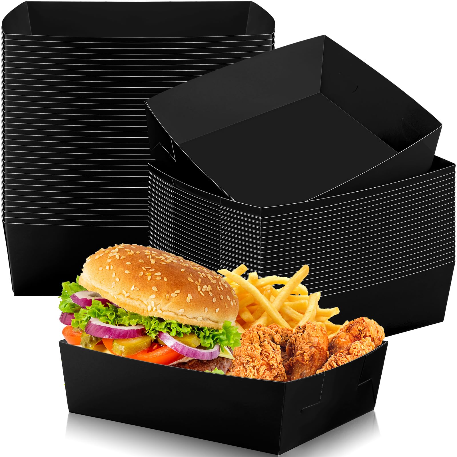 Uiifan 50 Pcs 5 lb Extra Large Paper Food Trays Disposable Food Boat Nacho Plate Serving Snack Trays Grease Resistant Self-assembly for Graduation Birthday Wedding Party Supply (Black)