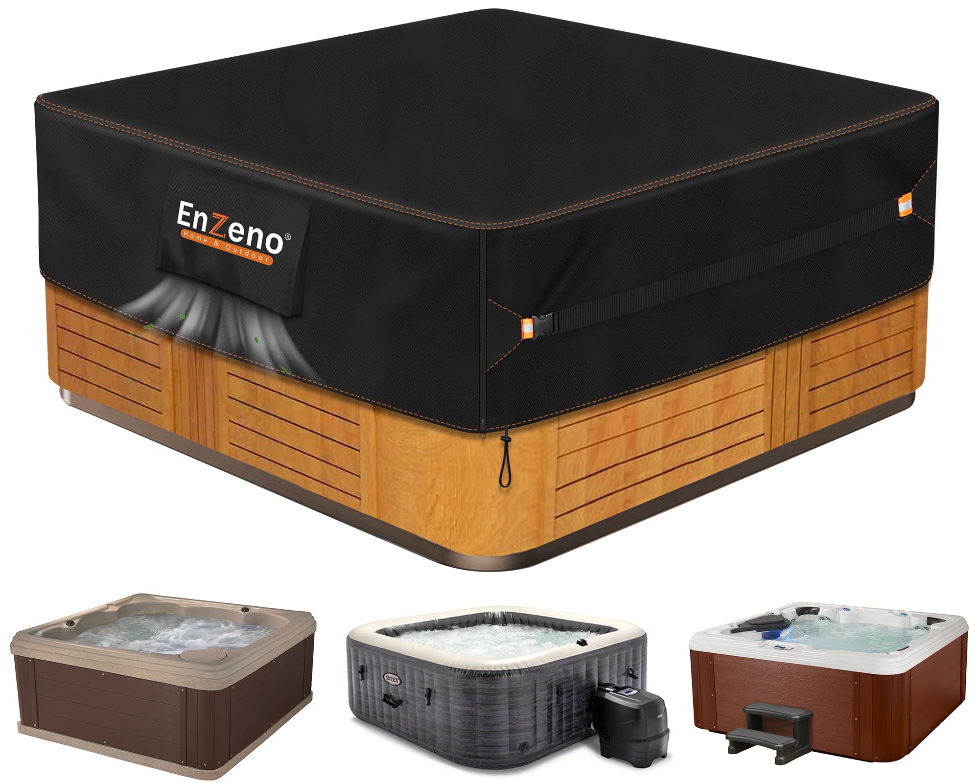 Enzeno Outdoor SPA Hot Tub Cover Waterproof Square 96 x 96 inch fit 94 x 94 or 93 x 93 or 92 x 92 420D Heavy Duty Cub Hot Tub Lid Protectors Protective Cover Cap