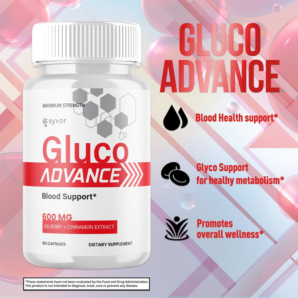 Gluco Advance Capsules, Official Gluco Advance Supplement Pills with All Natural Ingredients, Advanced Formula Supplement with Maximum Strength Premium Vitamins for Women & Men (60 Capsules)