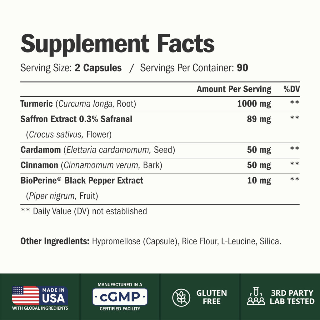 Saffron Supplements – 89mg Saffron Extract, 1000mg Turmeric Curcumin, Ceylon Cinnamon & Cardamom – Daily Mood, Joint & Metabolic Support – Joint Supplements for Women & Men – 180 Capsules