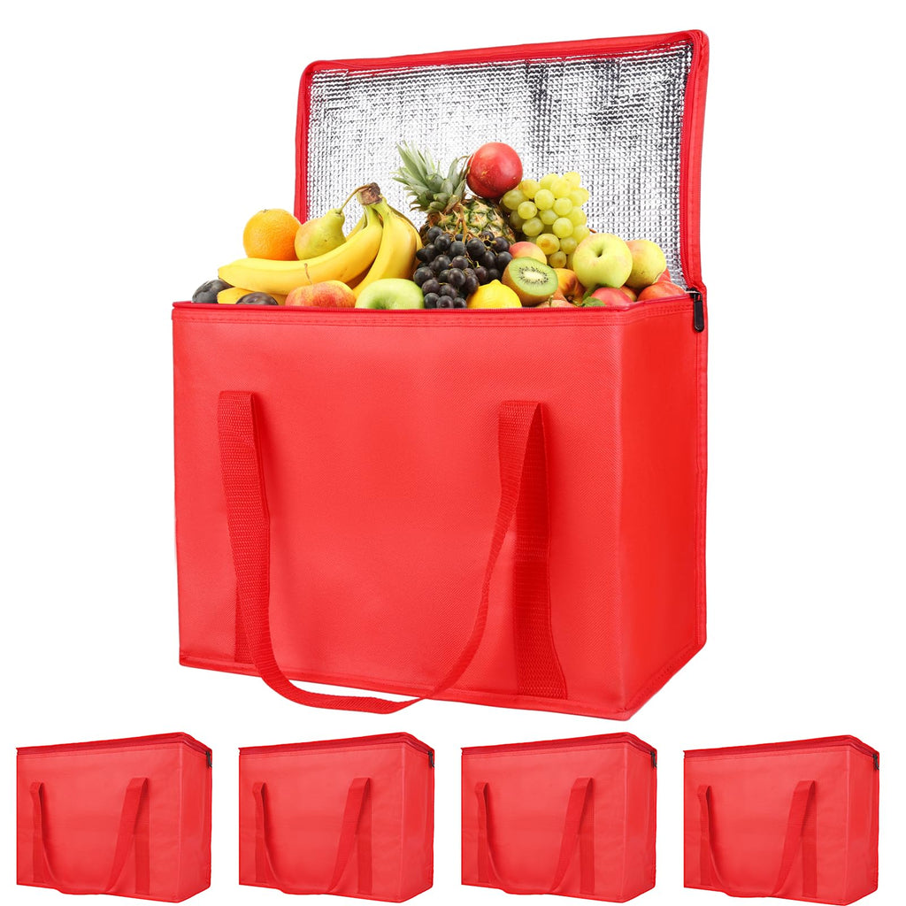 Bodaon 5-Pack Cooler Insulated Food Delivery Bag, X-Large Bags for Grocery/Catering/Shopping, Rideshare Delivery Bag, Thermal Hot Pizza, Large Cold and Frozen Accessories, XL Tote, Red